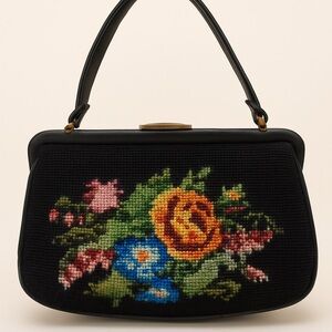 1950s 1960s Vintage Black Needlepoint Floral Handbag with Two Pockets